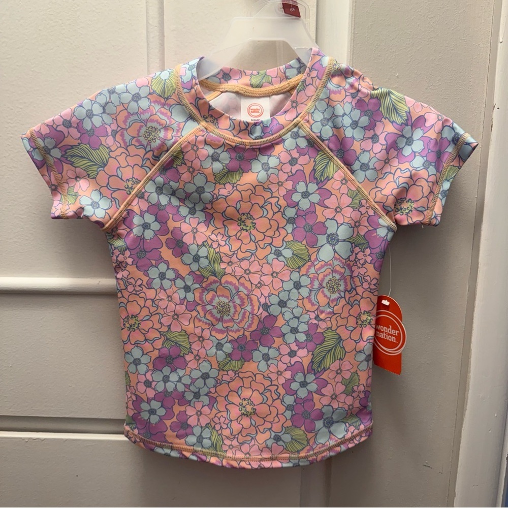 Wonder Nation Girls 2-Piece Rash Guard Swimsuit Floral UPF 50+ Size 6–6X / 7–8